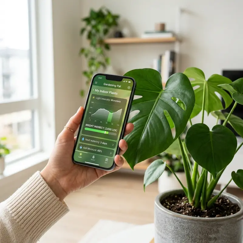 Holding a smartphone next to Monstera to measure lux light intensity