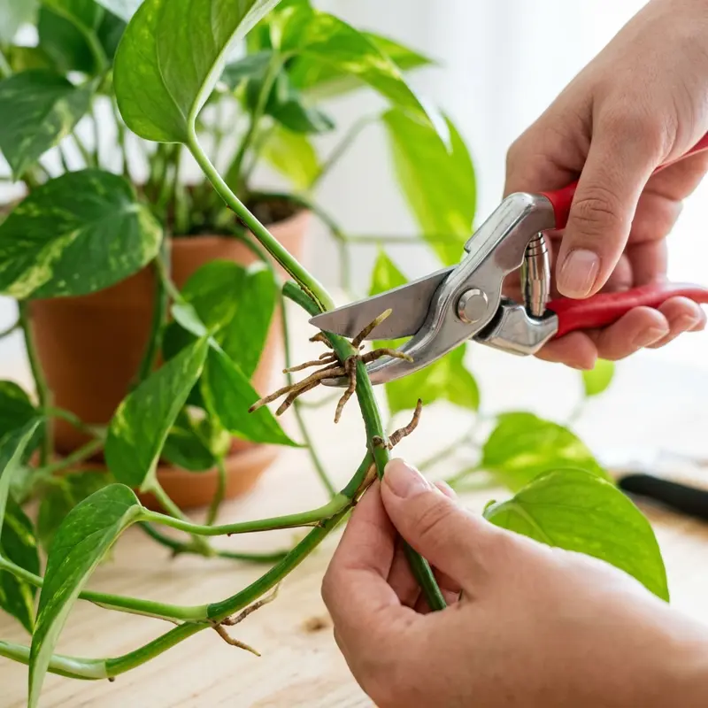 Close-up of clean cut made below a Pothos stem node